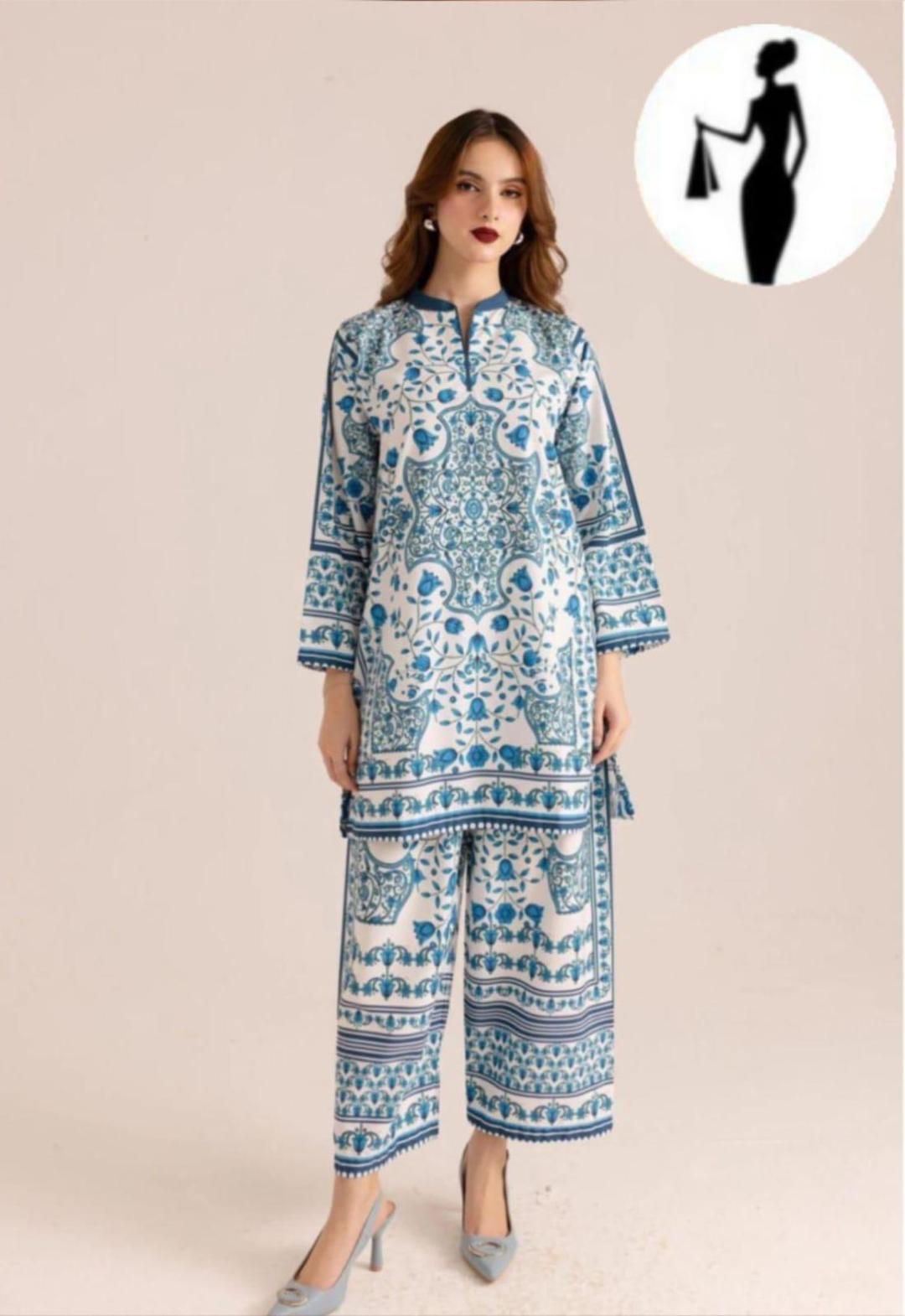 2 pcs women's stitched swiss lawn co- ord set