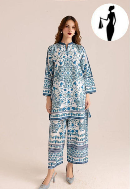 2 pcs women's stitched swiss lawn co- ord set