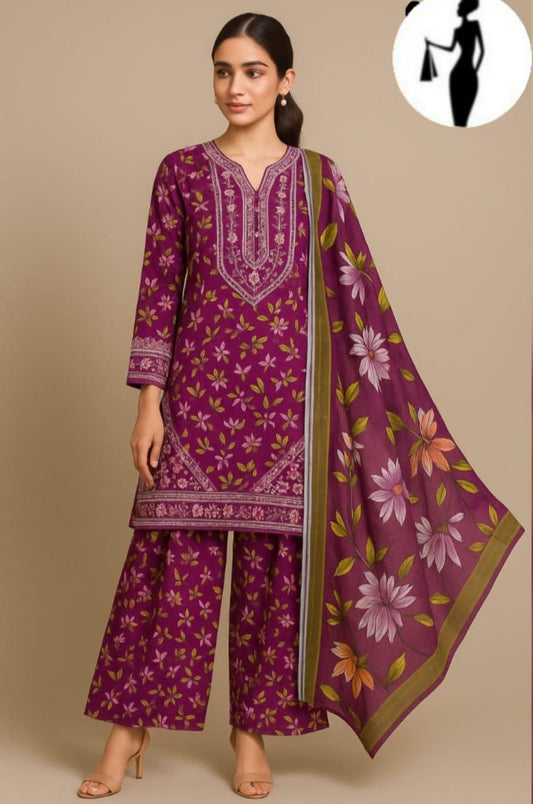 3 pcs women's stitched Lawn sequines Embroidered suit